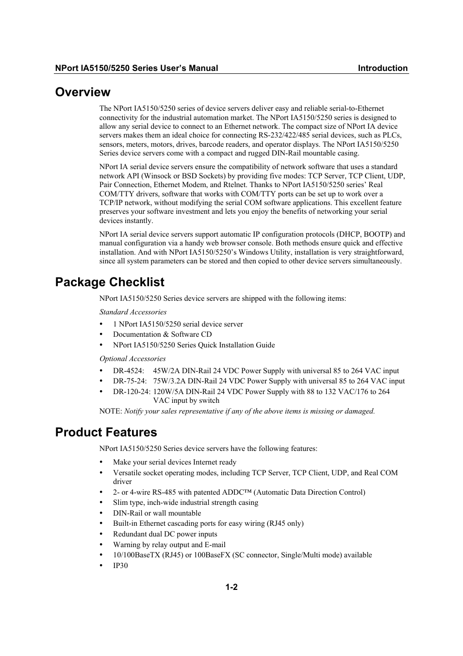 Overview, Package checklist, Product features | Moxa Technologies IA5150 User Manual | Page 6 / 108