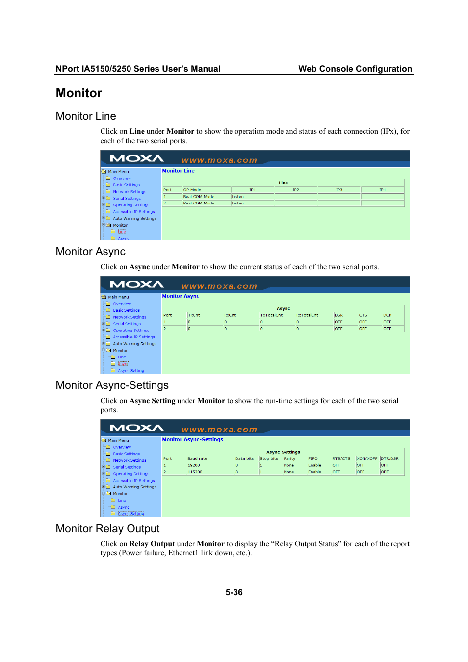 Monitor, Monitor line, Monitor async | Monitor async-settings, Monitor relay output, Monitor line -36, Monitor async -36, Monitor async-settings -36, Monitor relay output -36 | Moxa Technologies IA5150 User Manual | Page 61 / 108