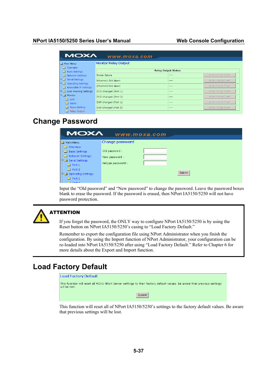 Change password, Load factory default, Change password -37 | Load factory default -37 | Moxa Technologies IA5150 User Manual | Page 62 / 108