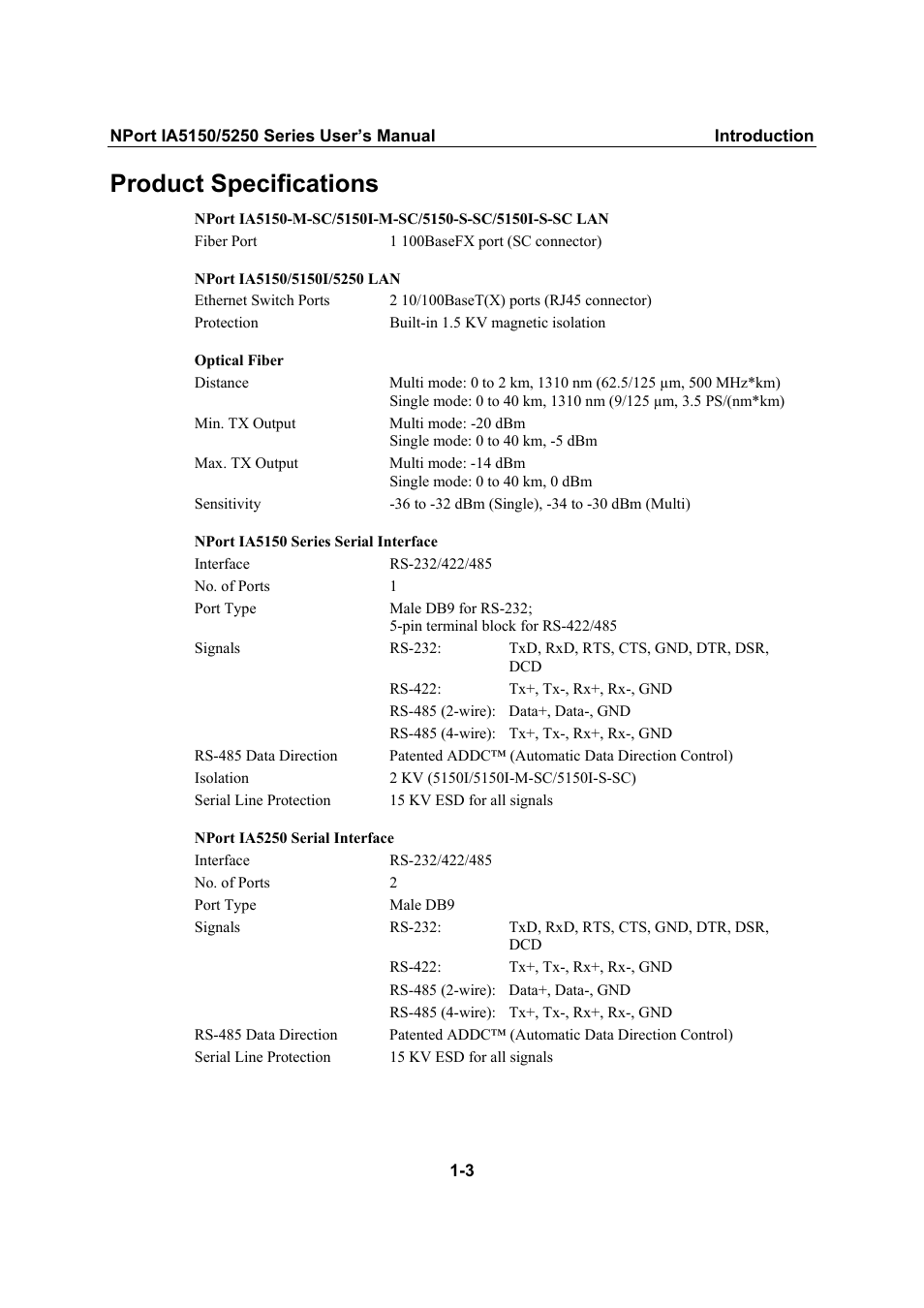 Product specifications | Moxa Technologies IA5150 User Manual | Page 7 / 108