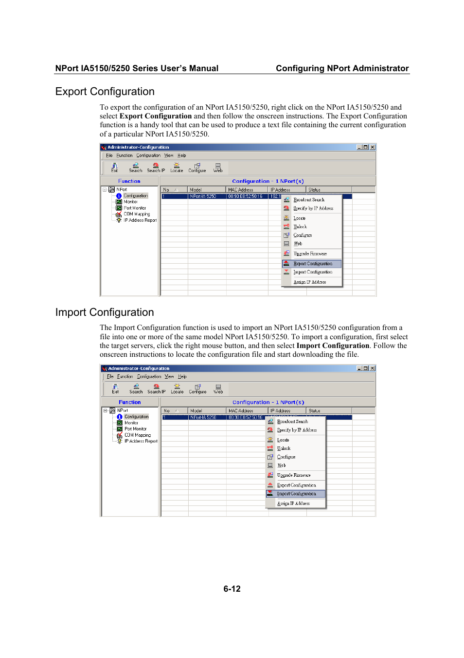 Export configuration, Import configuration, Export configuration -12 | Import configuration -12 | Moxa Technologies IA5150 User Manual | Page 74 / 108