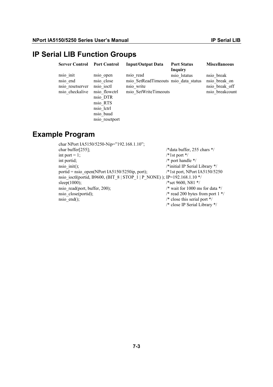 Ip serial lib function groups, Example program, Ip serial lib function groups -3 | Moxa Technologies IA5150 User Manual | Page 93 / 108