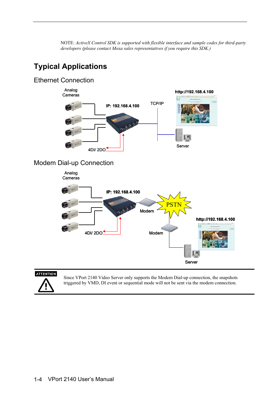 Typical applications -4, Ethernet connection -4, Modem dial-up connection -4 | Typical applications, Ethernet connection, Modem dial-up connection, Pstn | Moxa Technologies VPort 2140 User Manual | Page 10 / 100