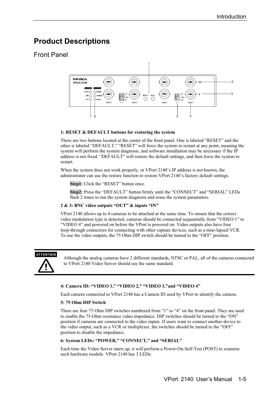 Product descriptions -5, Front panel -5, Product descriptions | Front panel | Moxa Technologies VPort 2140 User Manual | Page 11 / 100