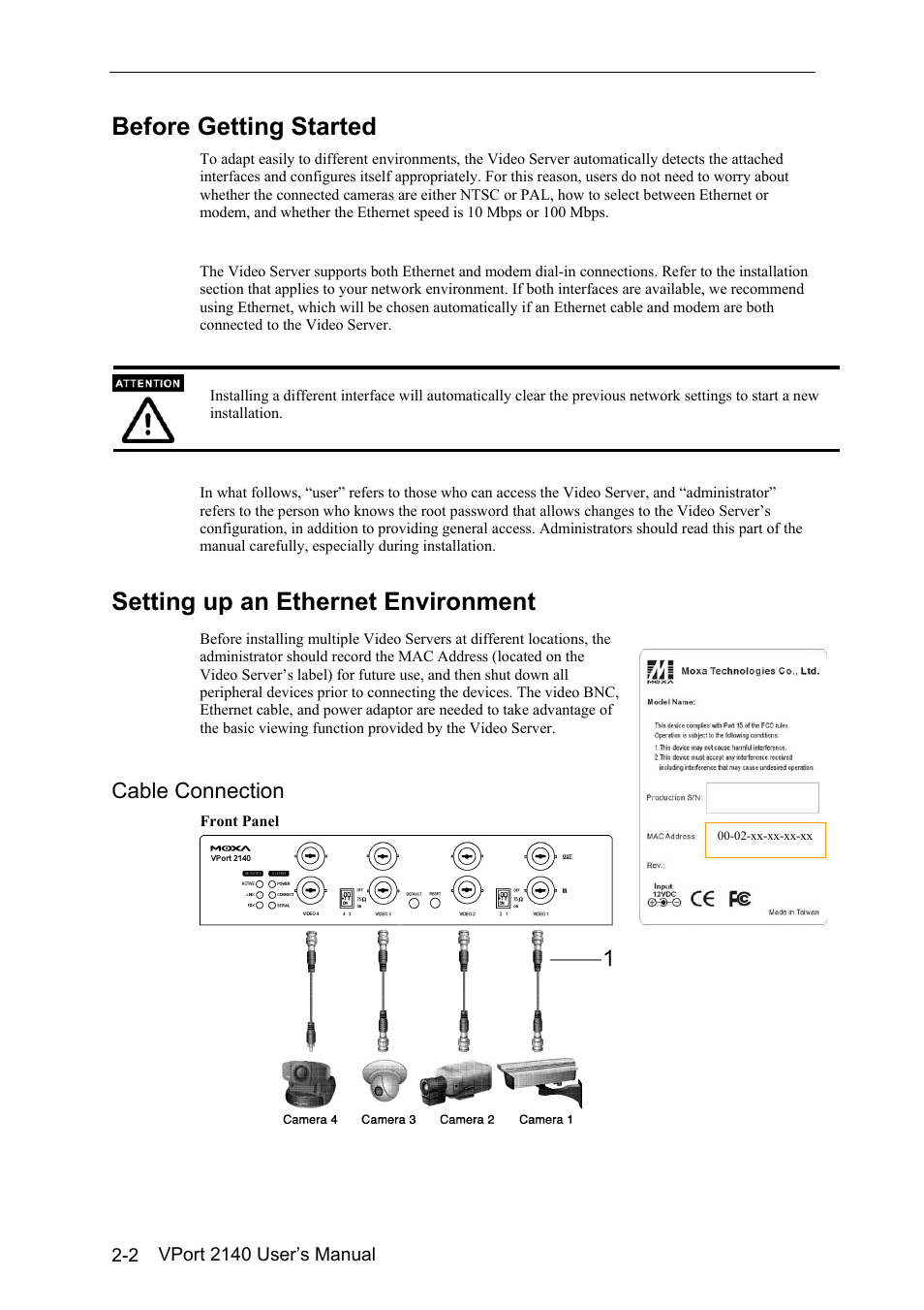 Before getting started -2, Setting up an ethernet environment -2, Cable connection -2 | Before getting started, Setting up an ethernet environment, Cable connection | Moxa Technologies VPort 2140 User Manual | Page 16 / 100