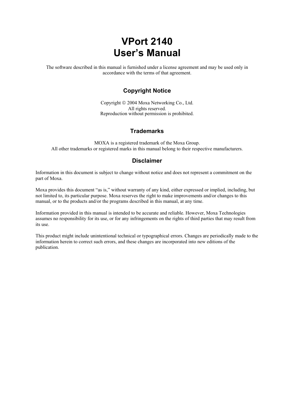 Vport 2140 user’s manual | Moxa Technologies VPort 2140 User Manual | Page 2 / 100