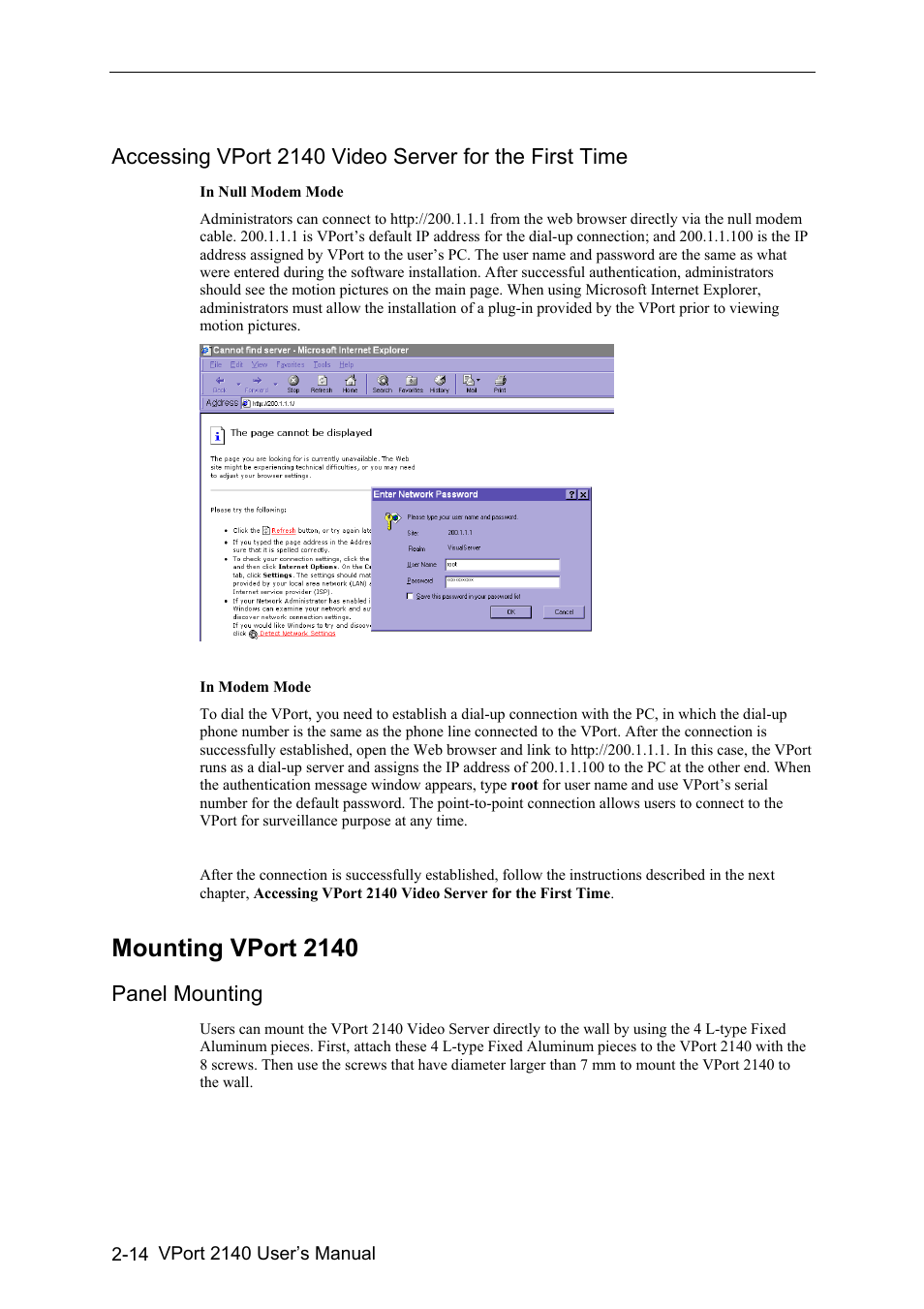 Mounting vport 2140 -14, Panel mounting -14, Mounting vport 2140 | Panel mounting | Moxa Technologies VPort 2140 User Manual | Page 28 / 100