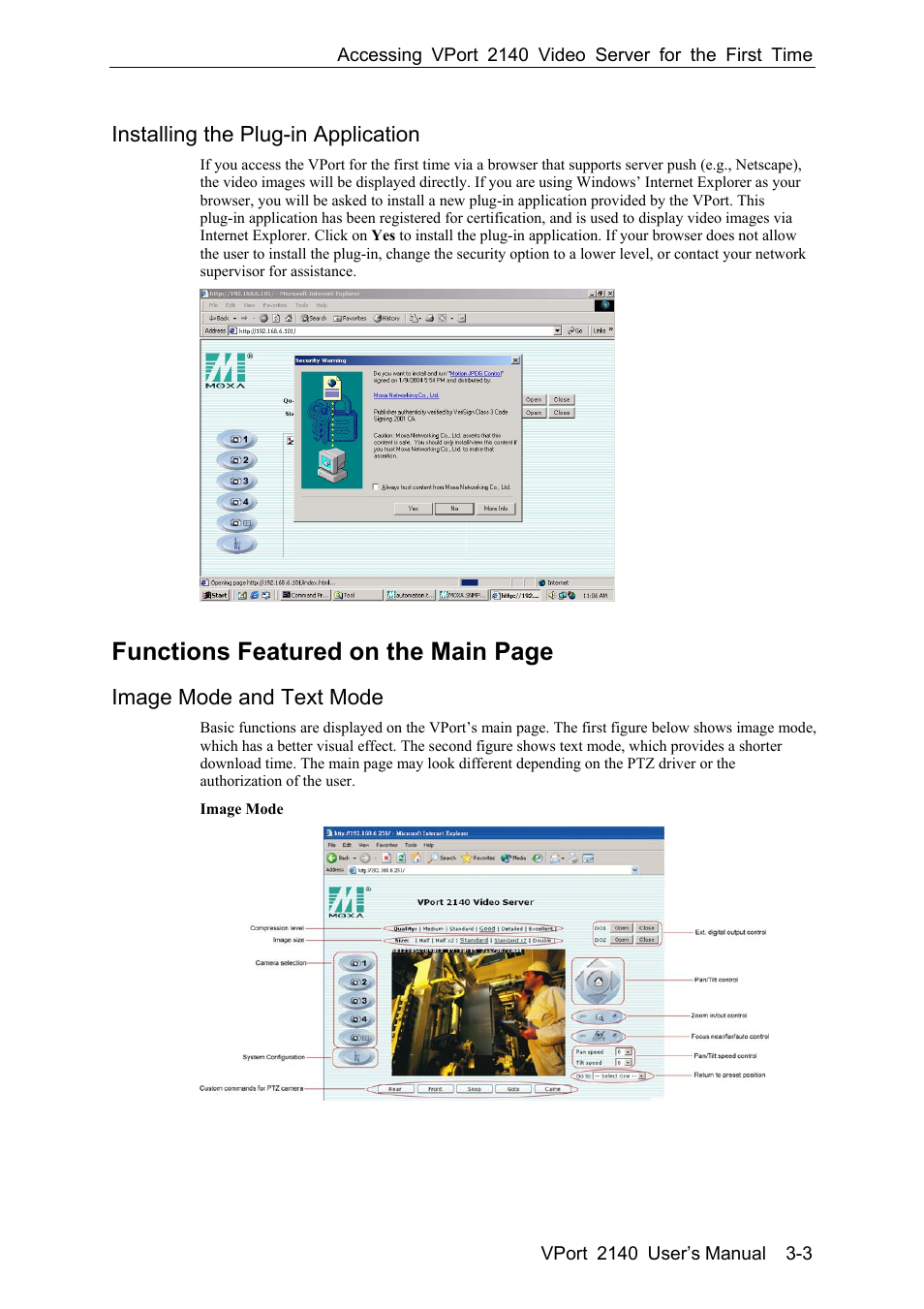 Installing the plug-in application -3, Image mode and text mode -3, Functions featured on the main page | Installing the plug-in application, Image mode and text mode | Moxa Technologies VPort 2140 User Manual | Page 31 / 100