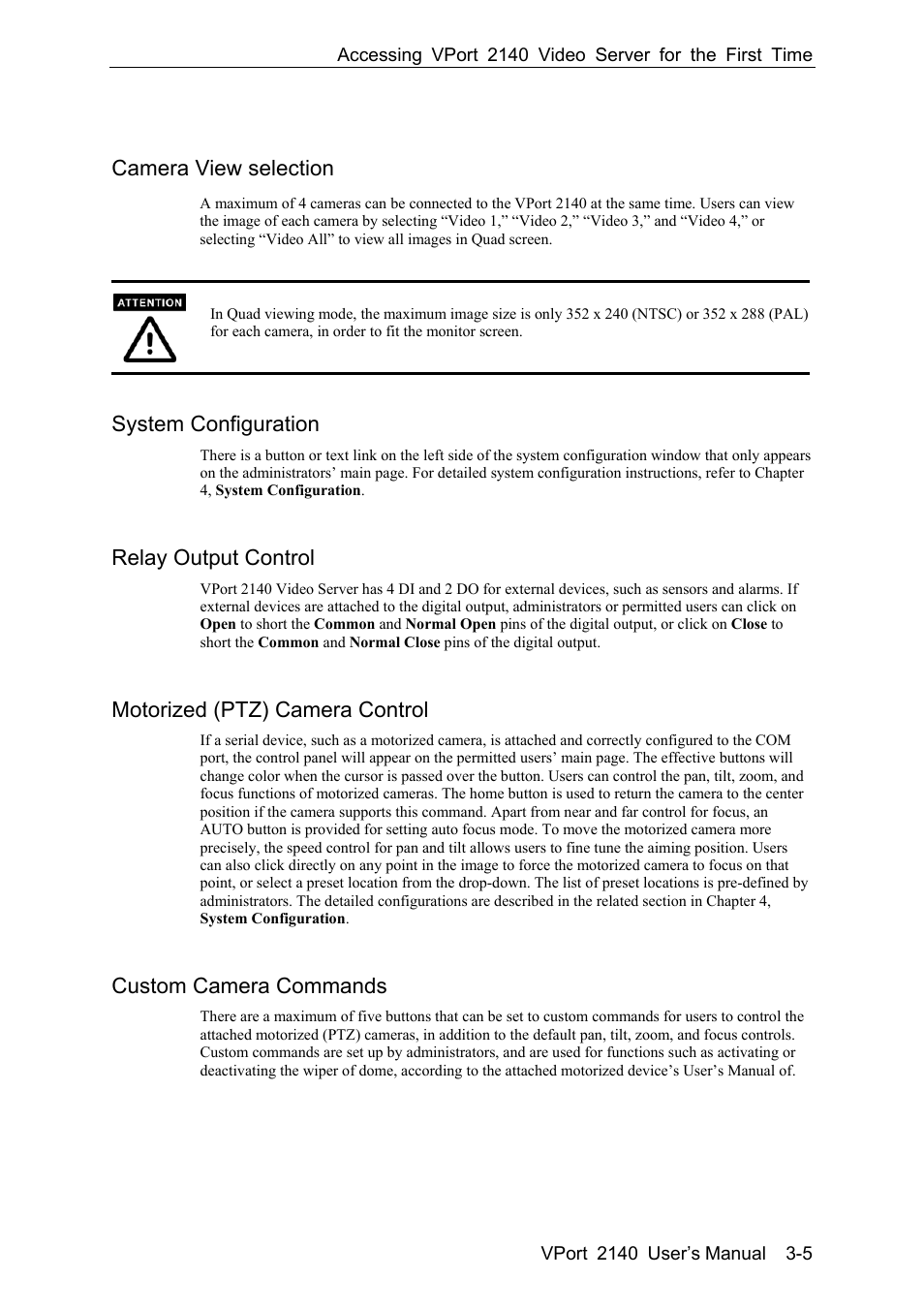 Camera view selection -5, System configuration -5, Relay output control -5 | Motorized (ptz) camera control -5, Custom camera commands -5, Camera view selection, System configuration, Relay output control, Motorized (ptz) camera control, Custom camera commands | Moxa Technologies VPort 2140 User Manual | Page 33 / 100