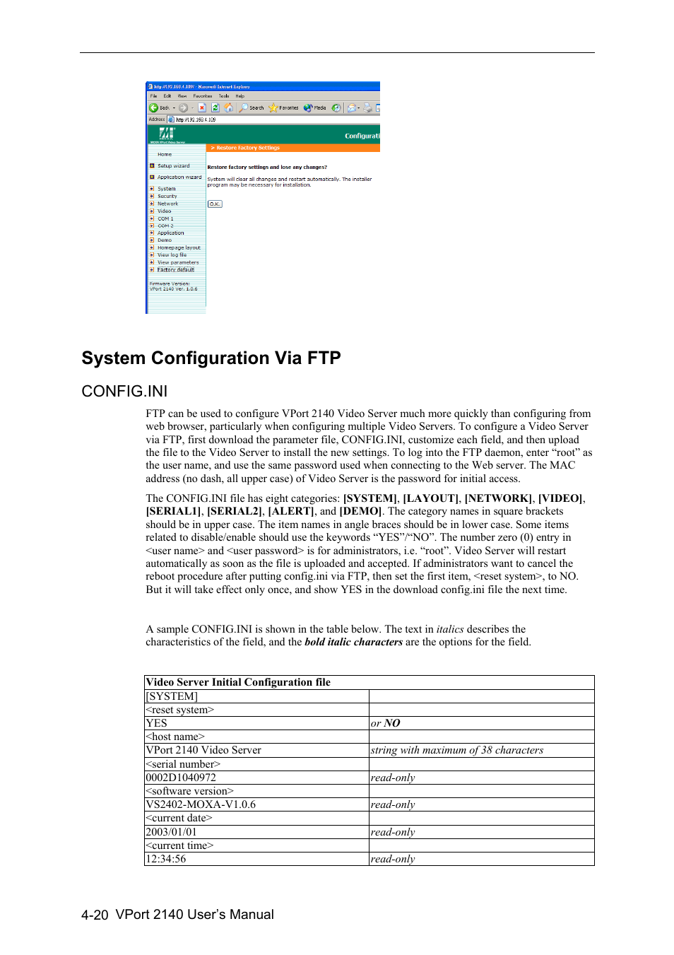 System configuration via ftp -20, Config.ini -20, System configuration via ftp | Config.ini | Moxa Technologies VPort 2140 User Manual | Page 54 / 100