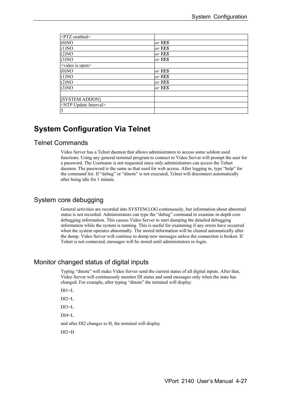 System configuration via telnet -27, Telnet commands -27, System core debugging -27 | Monitor changed status of digital inputs -27, System configuration via telnet, Telnet commands, System core debugging, Monitor changed status of digital inputs | Moxa Technologies VPort 2140 User Manual | Page 61 / 100