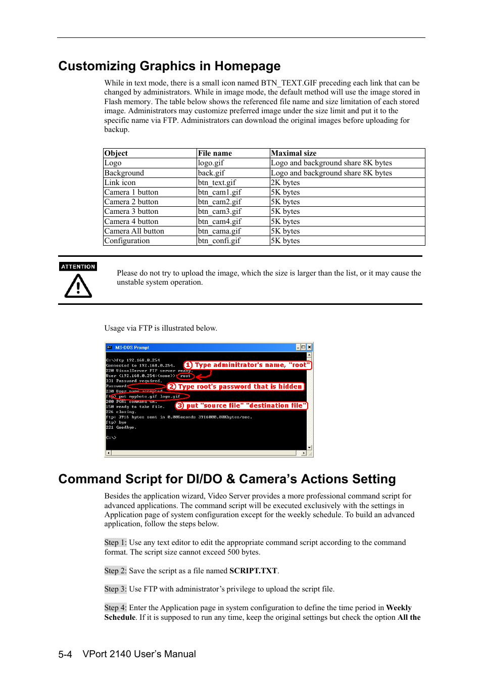 Command script for di/do & camera’ actions setting, Customizing graphics in homepage | Moxa Technologies VPort 2140 User Manual | Page 66 / 100