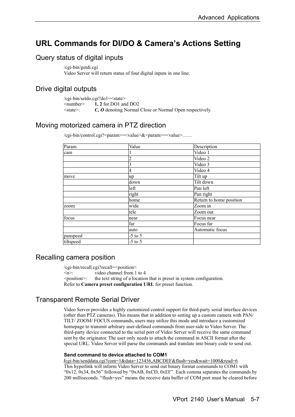 Url commands for di/do & camera’ actions setting, Query status of digital inputs -7, Drive digital outputs -7 | Moving motorized camera in ptz direction -7, Recalling camera position -7, Transparent remote serial driver -7, Url commands for di/do & camera’s actions setting, Query status of digital inputs, Drive digital outputs, Moving motorized camera in ptz direction | Moxa Technologies VPort 2140 User Manual | Page 69 / 100