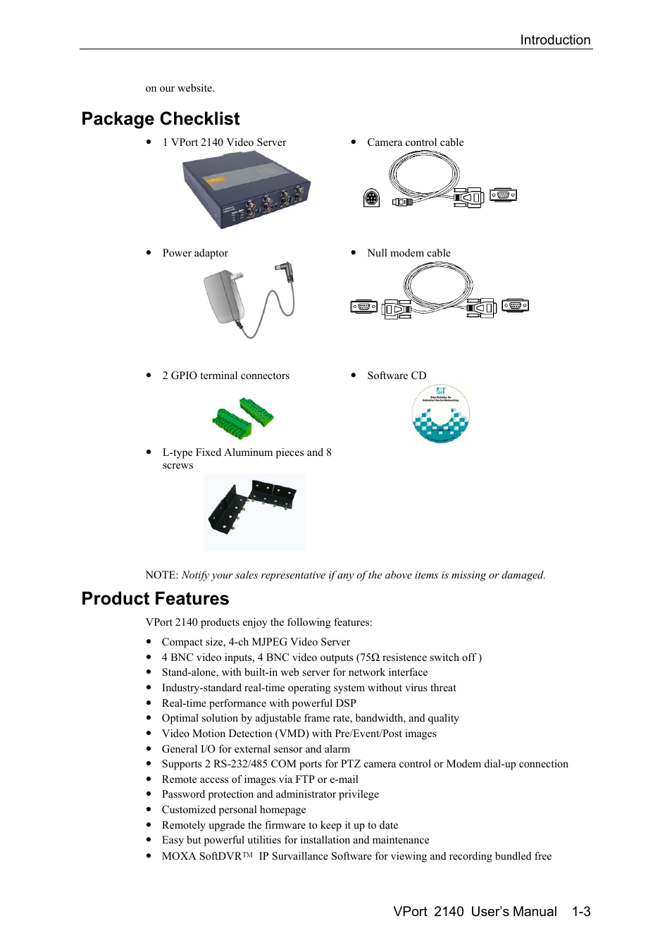 Package checklist -3, Product features -3, Package checklist | Product features | Moxa Technologies VPort 2140 User Manual | Page 9 / 100