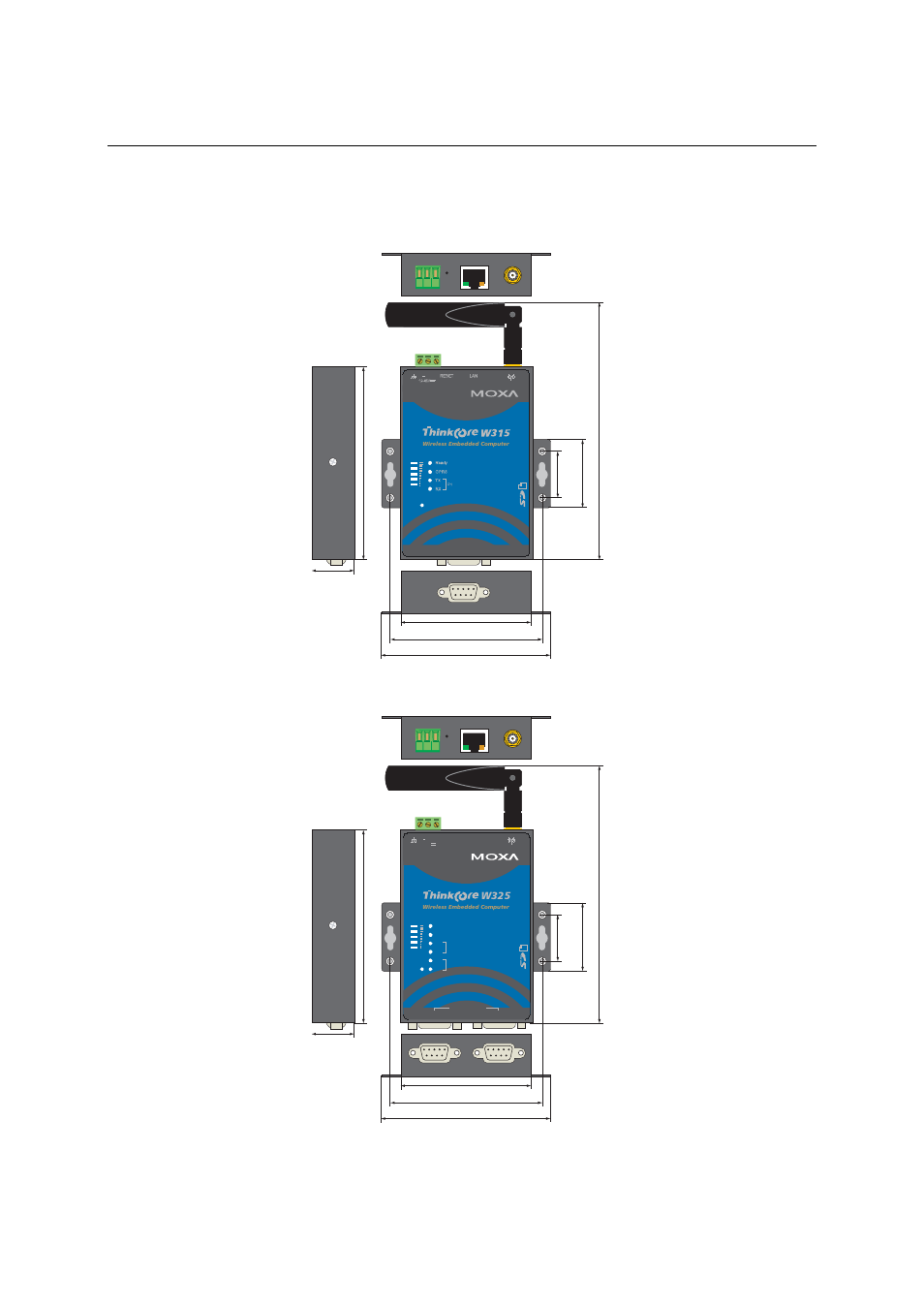 Dimensions, Thinkcore w315, Thinkcore w325 | Thinkcore w315 -4, Thinkcore w325 -4 | Moxa Technologies THINKCORE W315 User Manual | Page 13 / 29
