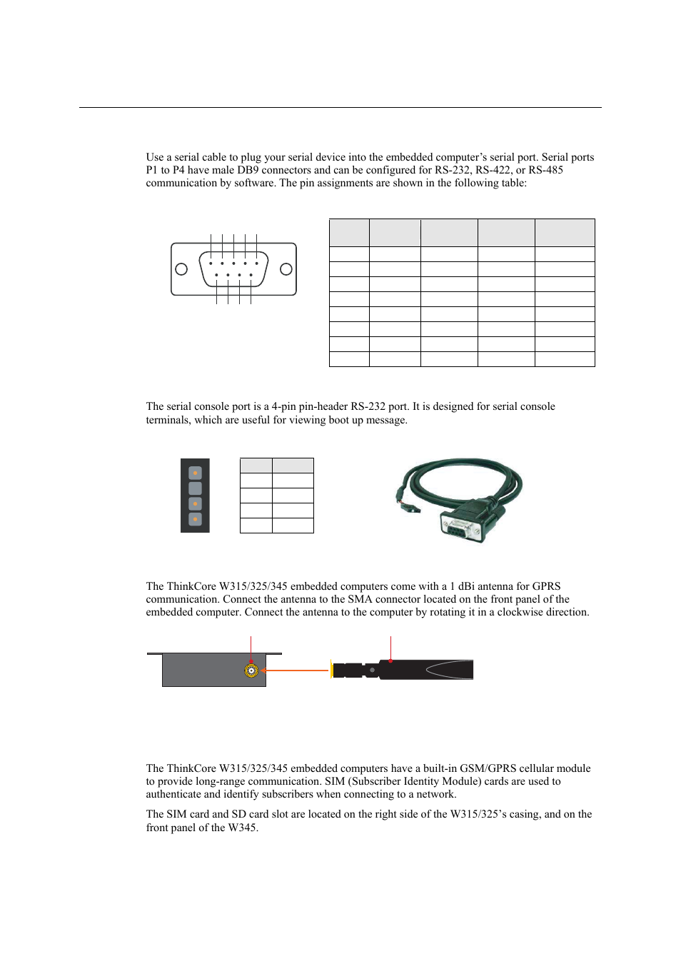 Connecting to a serial device, Connecting to the serial console port, Connecting an antenna | Installing a sim card and sd card, Installing a sim card, Connecting to a serial device -5, Connecting to the serial console port -5, Connecting an antenna -5, Installing a sim card and sd card -5, Installing a sim card -5 | Moxa Technologies THINKCORE W315 User Manual | Page 21 / 29