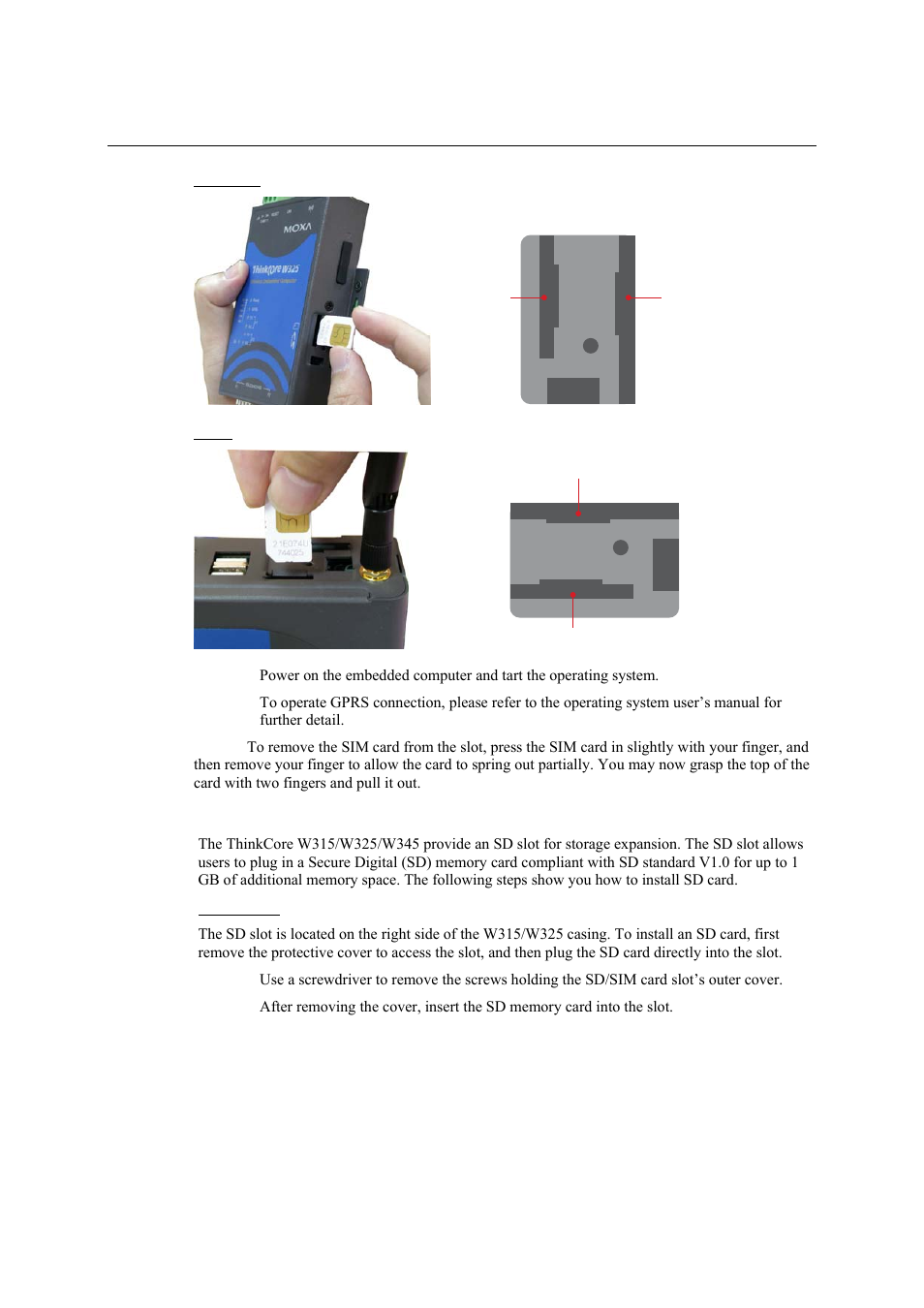Installing an sd card for storage expansion, Installing an sd card for storage expansion -7 | Moxa Technologies THINKCORE W315 User Manual | Page 23 / 29