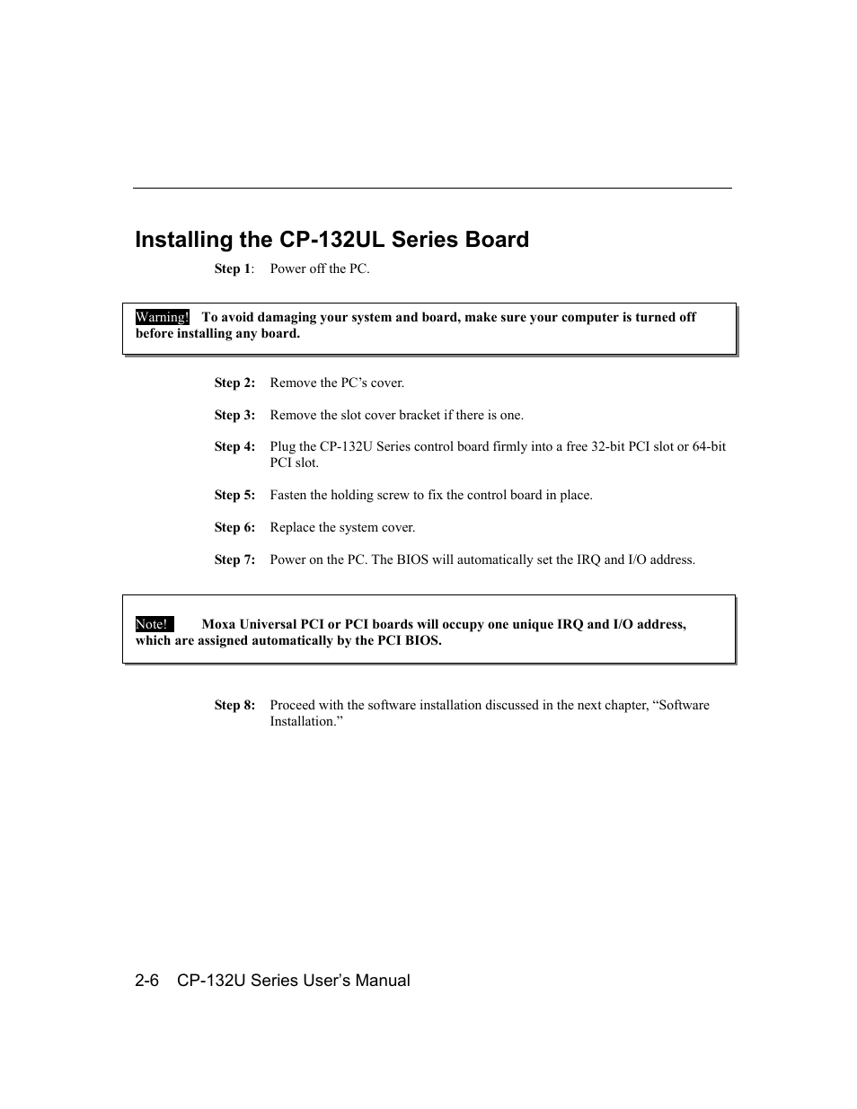 Installing the cp-132ul series board, Installing the cp-132ul series board -6 | Moxa Technologies CP-132U Series User Manual | Page 14 / 88