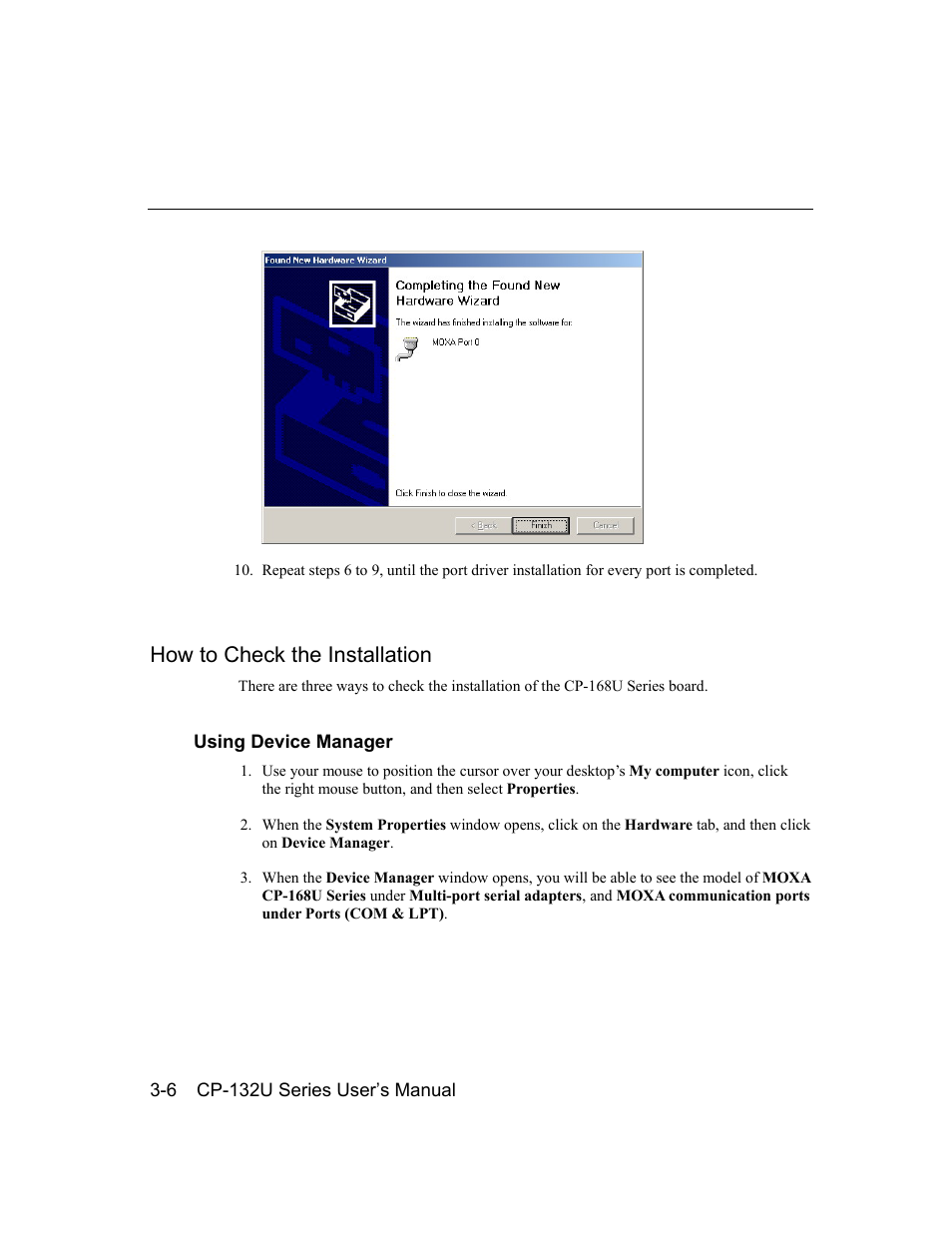 How to check the installation | Moxa Technologies CP-132U Series User Manual | Page 20 / 88