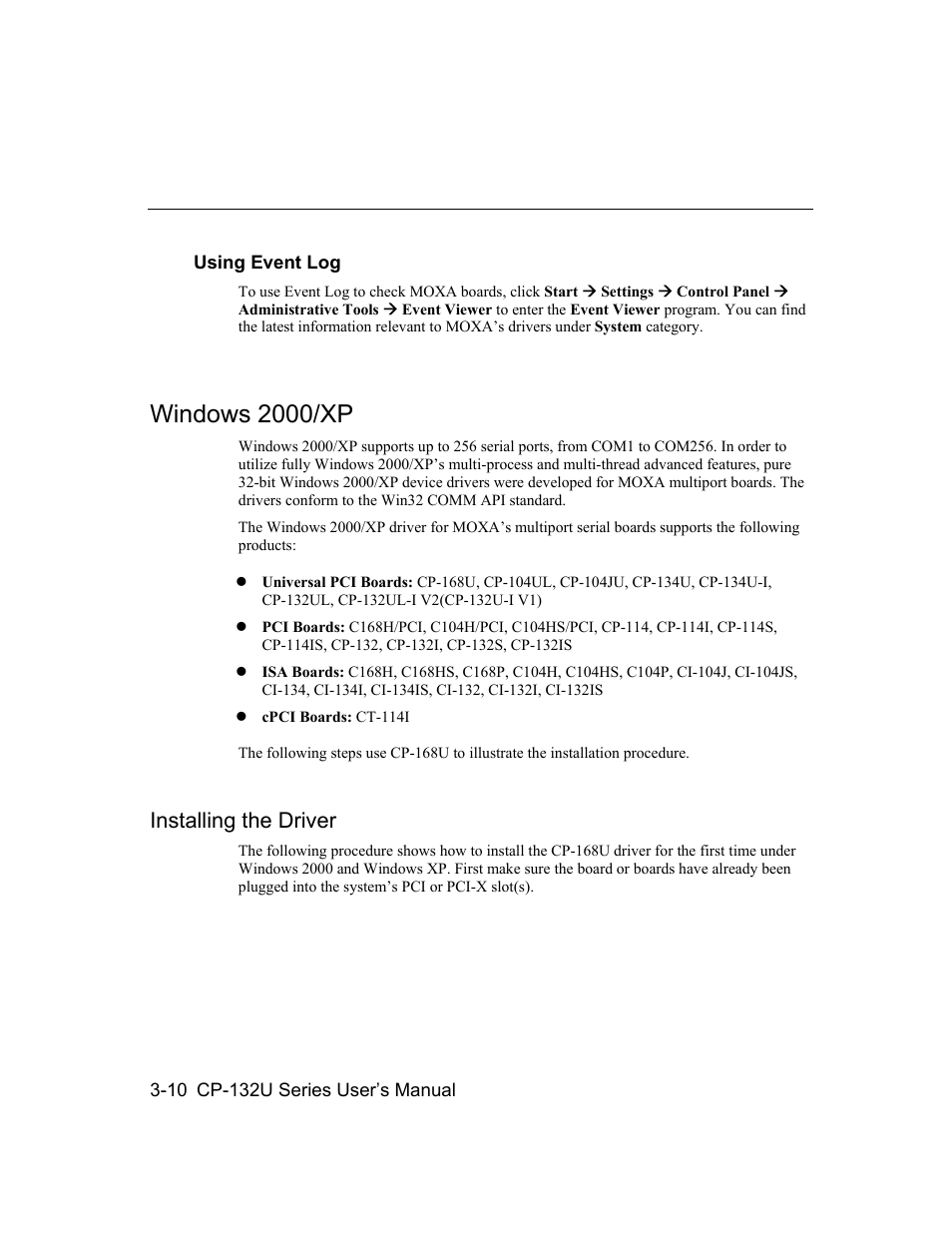 Windows 2000/xp, Installing the driver, Windows 2000/xp -10 | Moxa Technologies CP-132U Series User Manual | Page 24 / 88