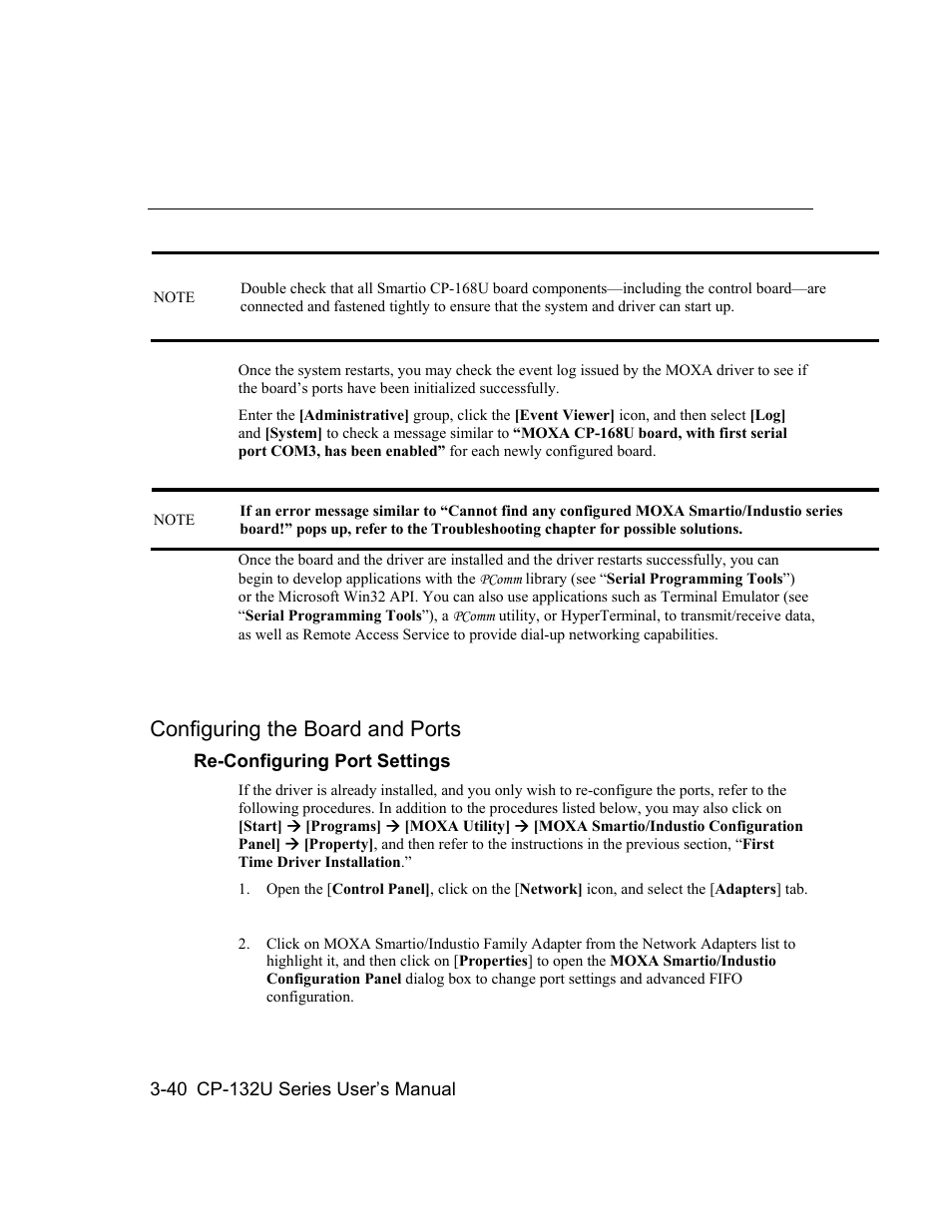 Configuring the board and ports | Moxa Technologies CP-132U Series User Manual | Page 54 / 88