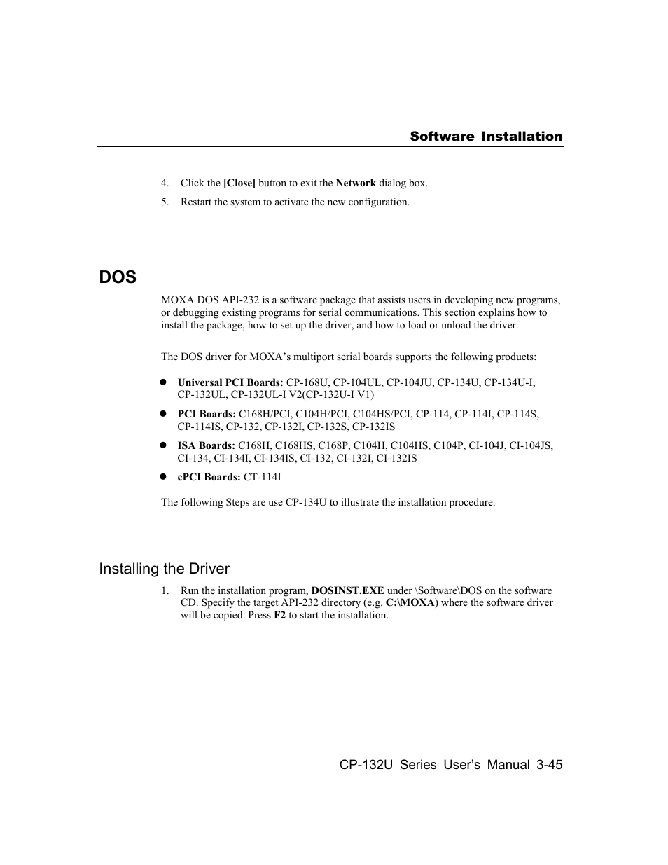 Installing the driver, Dos -45 | Moxa Technologies CP-132U Series User Manual | Page 59 / 88