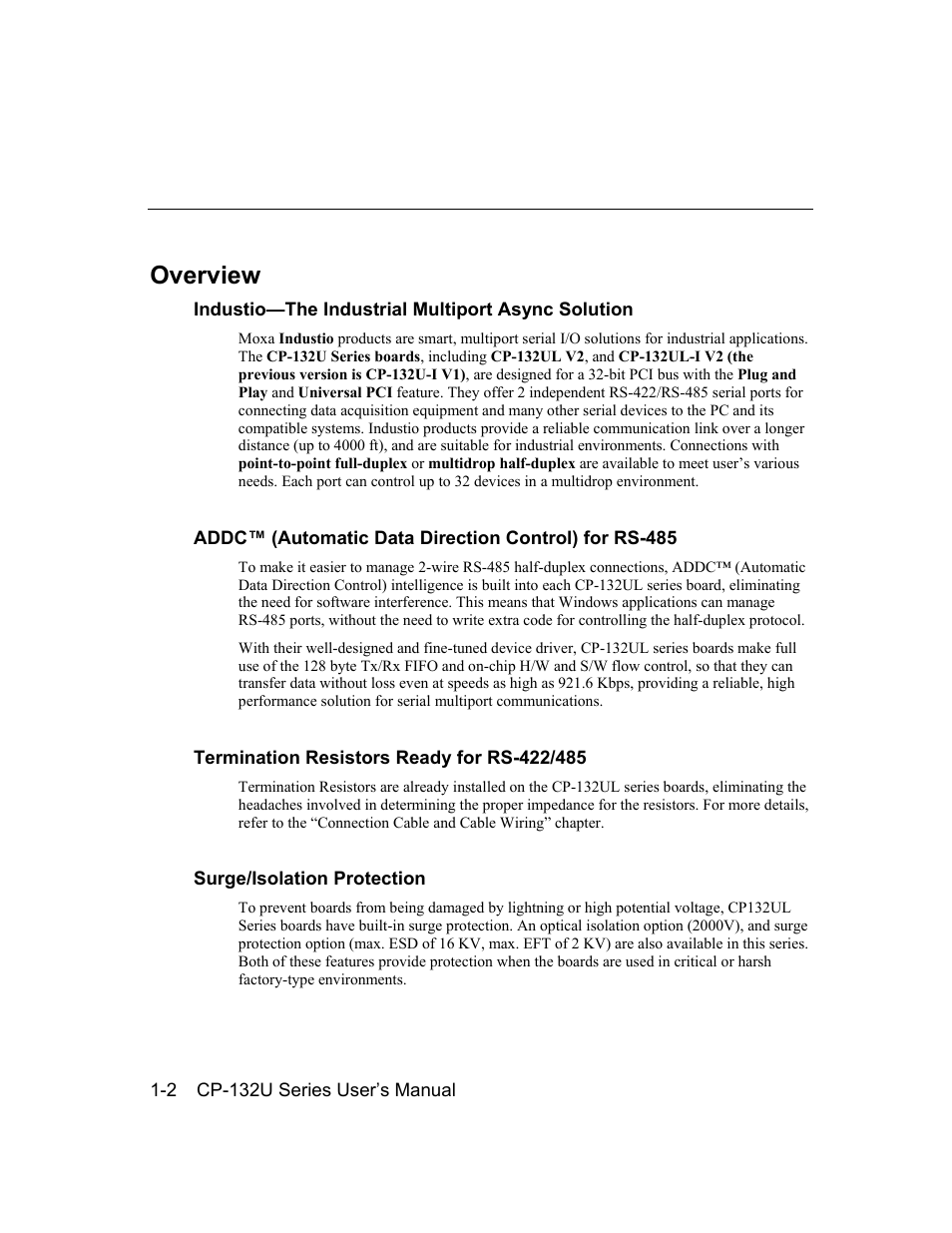 Overview, Overview -2 | Moxa Technologies CP-132U Series User Manual | Page 6 / 88