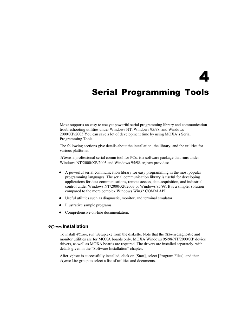 Serial programming tools, Chapter 4 serial programming tools -1, Chapter 4 serial programming tools | Moxa Technologies CP-132U Series User Manual | Page 67 / 88