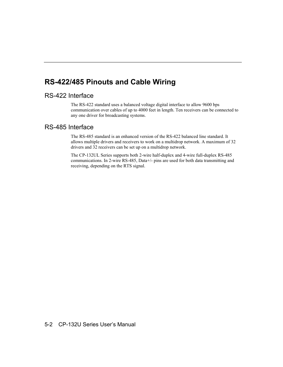 Rs-422/485 pinouts and cable wiring, Rs-422 interface, Rs-485 interface | Rs-422/485 pinouts and cable wiring -2 | Moxa Technologies CP-132U Series User Manual | Page 74 / 88