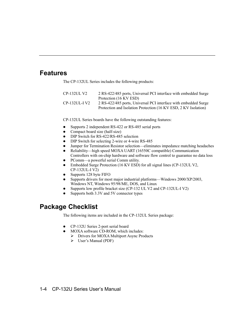 Features, Package checklist, Features -4 | Package checklist -4 | Moxa Technologies CP-132U Series User Manual | Page 8 / 88