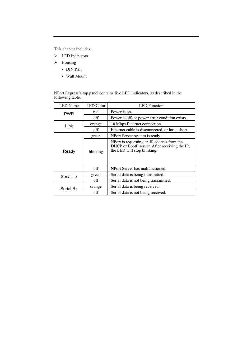 Overview, Led indicators, Overview -1 | Led indicators -1 | Moxa Technologies DE-211 User Manual | Page 11 / 35