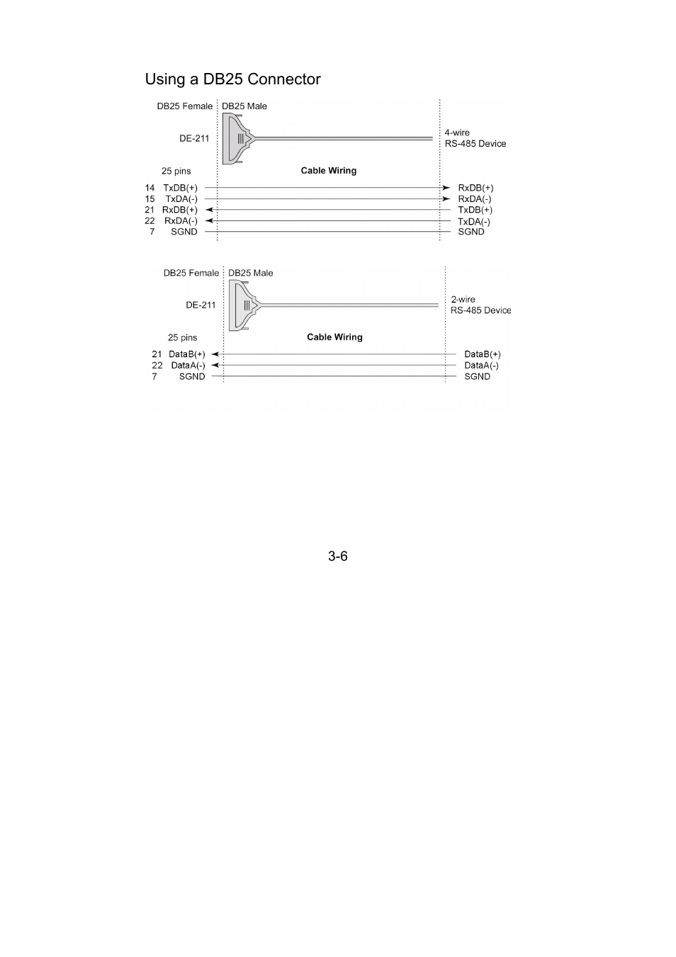 Rs-485 wiring, Using a db25 connector, Rs-485 wiring -6 | Using a db25 connector -6 | Moxa Technologies DE-211 User Manual | Page 20 / 35