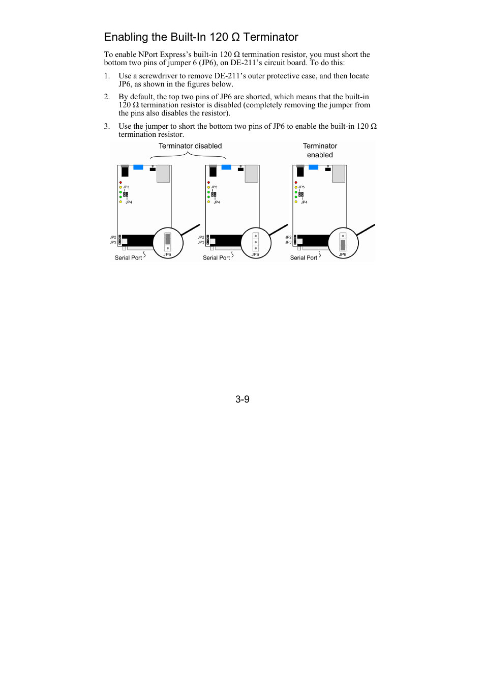 Enabling the built-in 120 ω terminator, Enabling the built-in 120 ω terminator -9 | Moxa Technologies DE-211 User Manual | Page 23 / 35