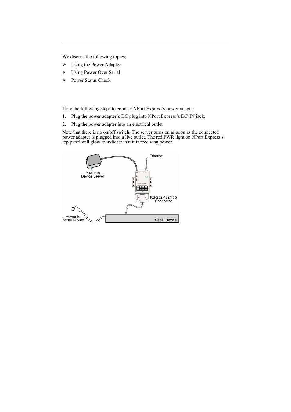 Power connection, Using the power adapter, Power connection -1 | Using the power adapter -1 | Moxa Technologies DE-211 User Manual | Page 27 / 35