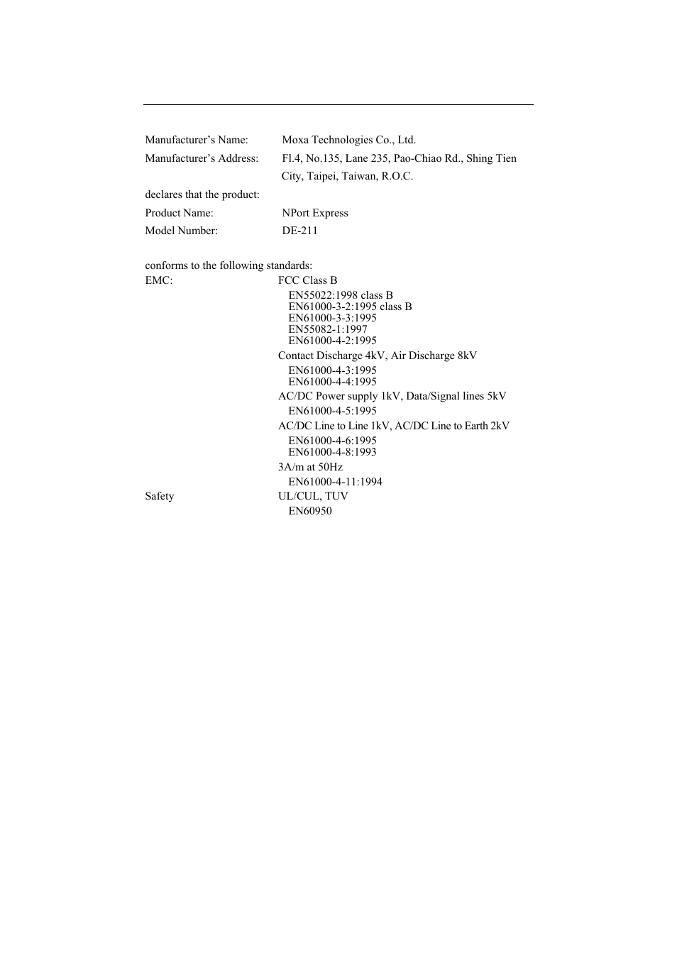 A. declaration of conformity, Declaration of conformity | Moxa Technologies DE-211 User Manual | Page 31 / 35