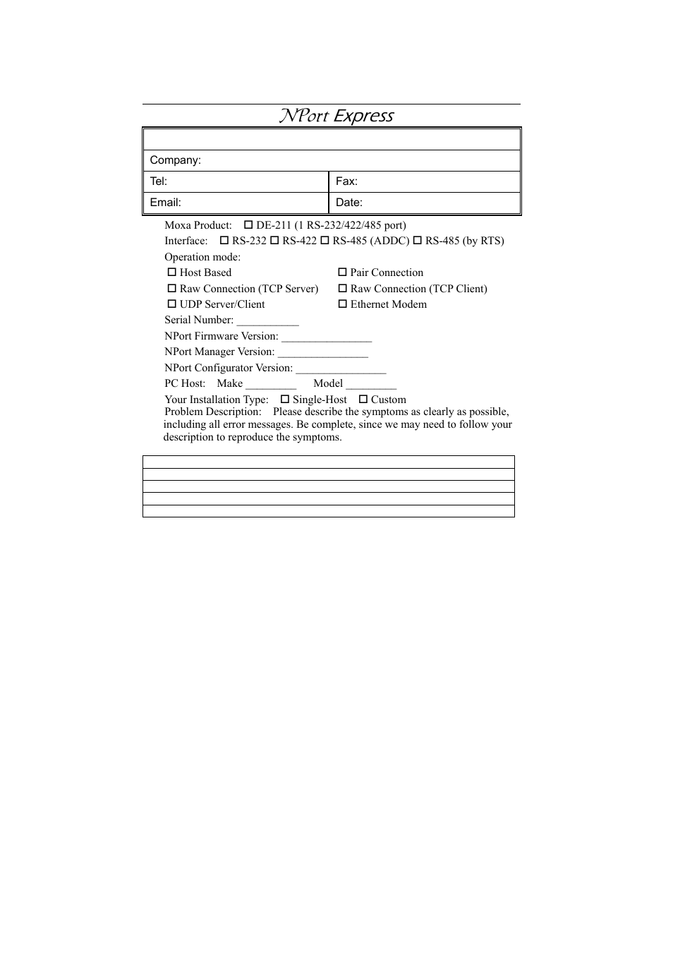 B. problem report form, Problem, Report | Form, Express, Nport | Moxa Technologies DE-211 User Manual | Page 33 / 35