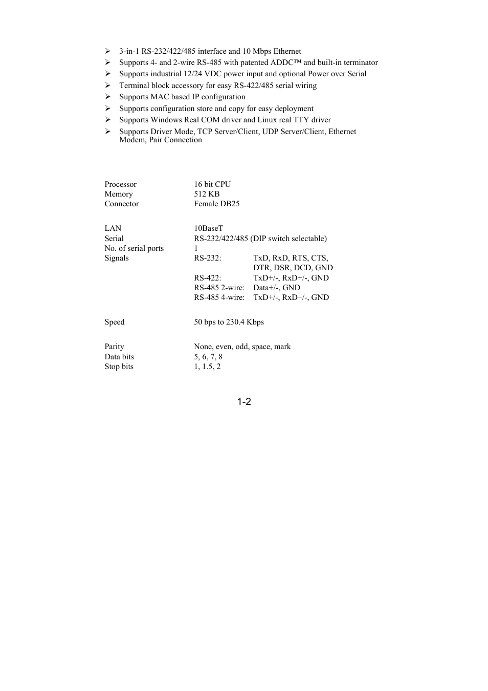 Features, Product specifications, Features -2 | Product specifications -2 | Moxa Technologies DE-211 User Manual | Page 6 / 35