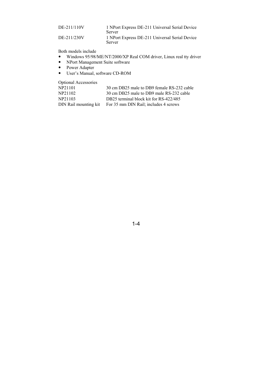 Package checklist, Package checklist -4 | Moxa Technologies DE-211 User Manual | Page 8 / 35