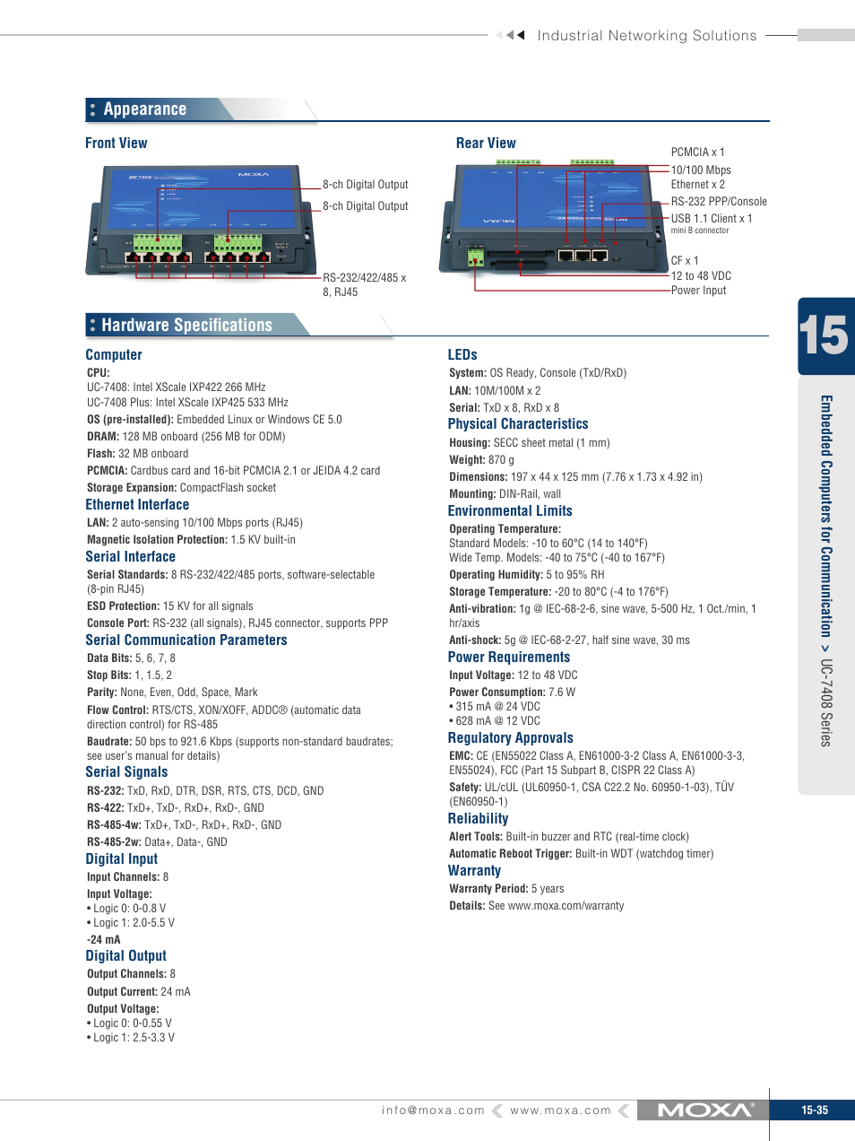 Hardware specifi cations, Appearance | Moxa Technologies UC-7408 User Manual | Page 2 / 3
