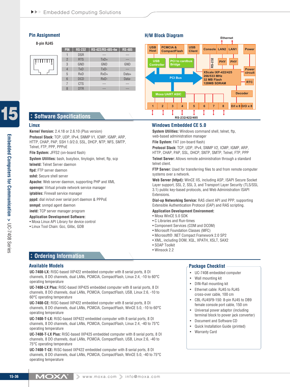 Software specifi cations ordering information, Package checklist, Pin assignment | H/w block diagram available models, Linux, Windows embedded ce 5.0 | Moxa Technologies UC-7408 User Manual | Page 3 / 3