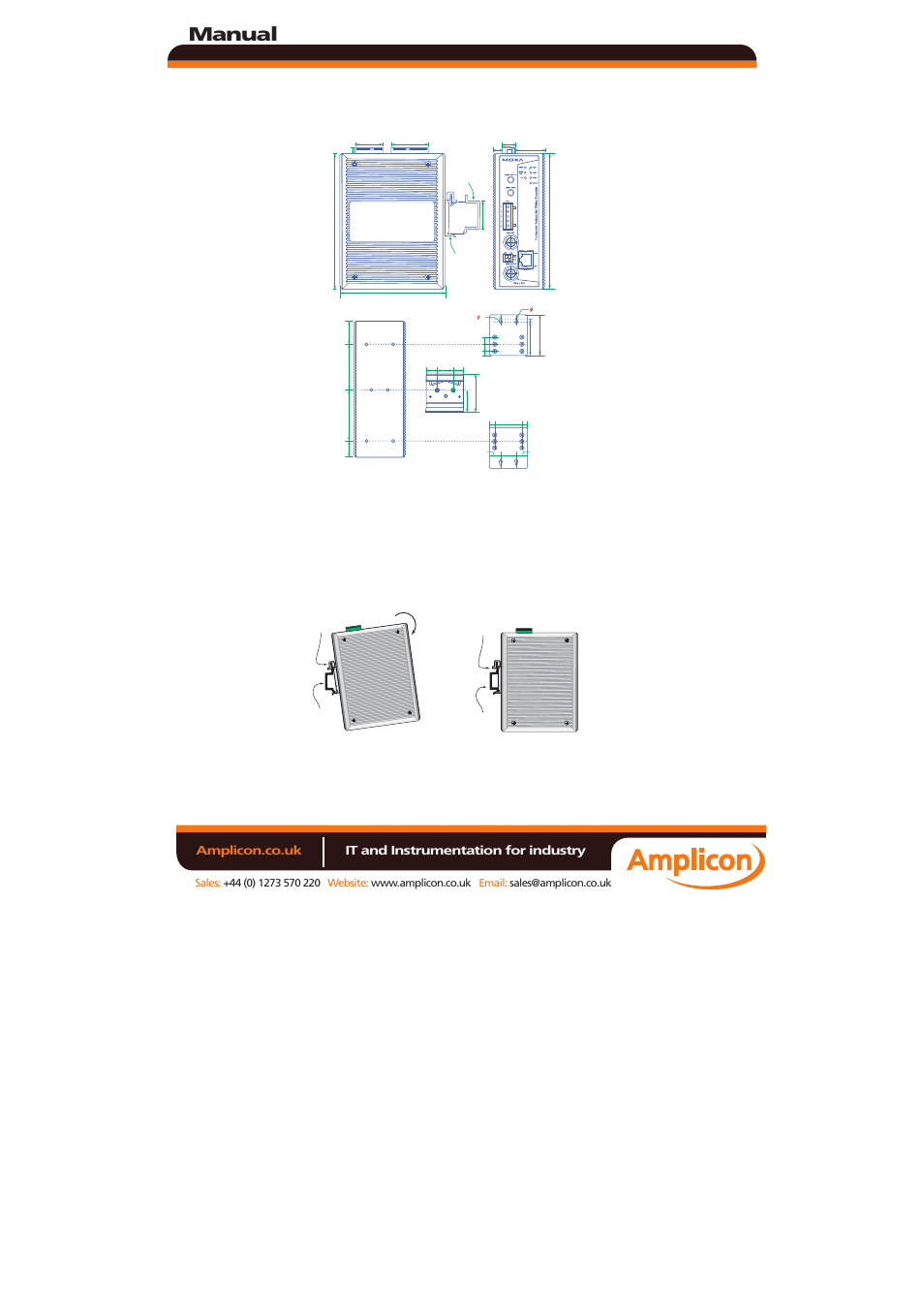 Manual, Mounting dimensions (unit=mm), Din-rail mounting | Amplicon.co.uk it and instrumentation for industry | Moxa Technologies VPORT 351 User Manual | Page 11 / 21