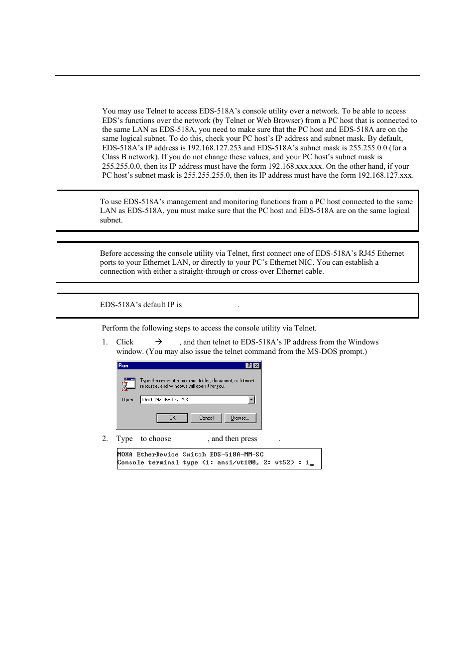 Configuration using a telnet console, Configuration using a telnet console -5 | Moxa Technologies EDS-518A Series User Manual | Page 12 / 97