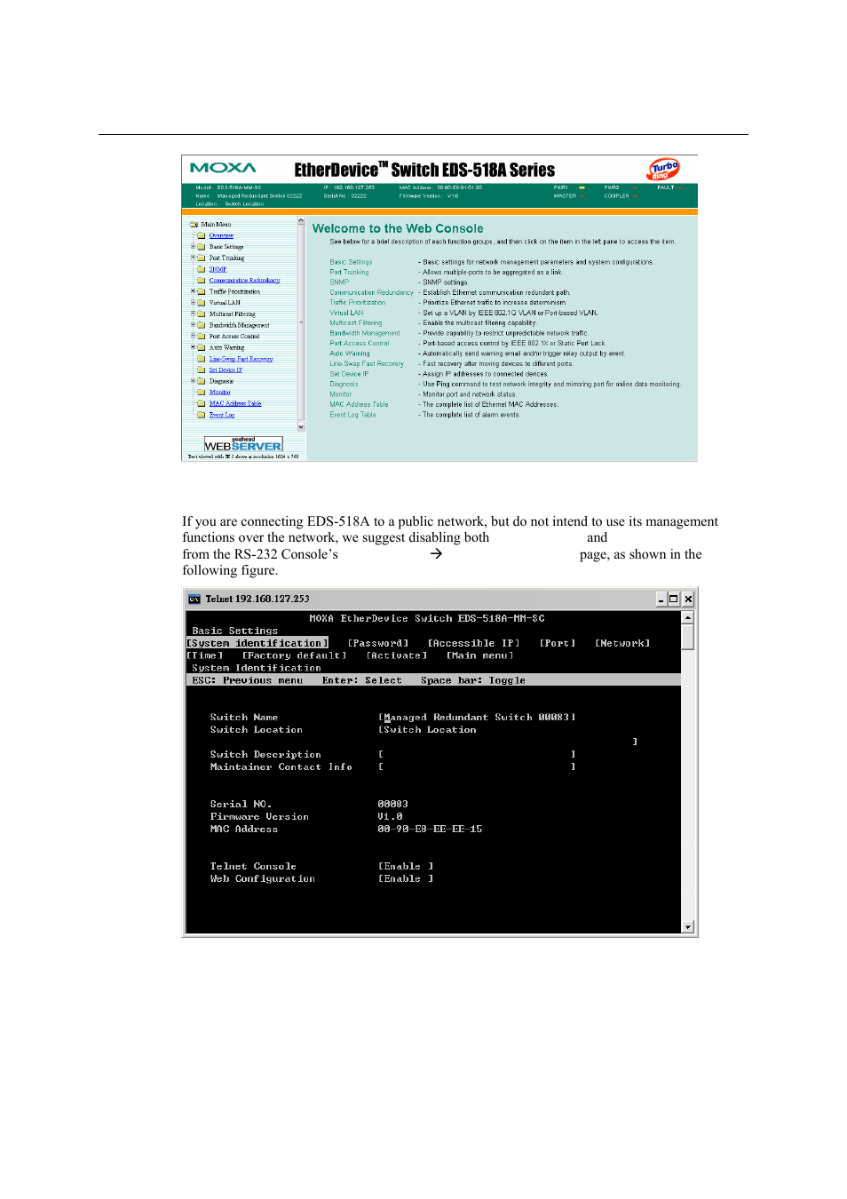 Disabling telnet and browser access, Disabling telnet and browser access -8 | Moxa Technologies EDS-518A Series User Manual | Page 15 / 97