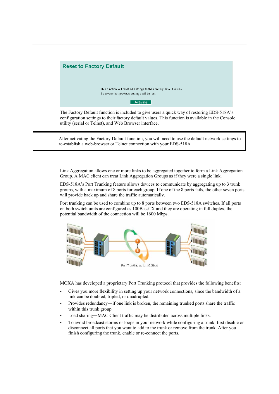 Factory default, Using port trunking, The port trunking concept | Factory default -11, Using port trunking -11, The port trunking concept -11 | Moxa Technologies EDS-518A Series User Manual | Page 26 / 97
