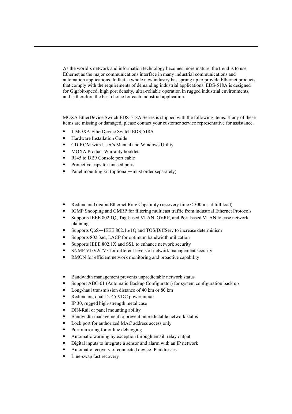 Overview, Package checklist, Features | Industrial networking capability, Designed for industrial applications, Industrial networking capability -2, Designed for industrial applications -2 | Moxa Technologies EDS-518A Series User Manual | Page 6 / 97