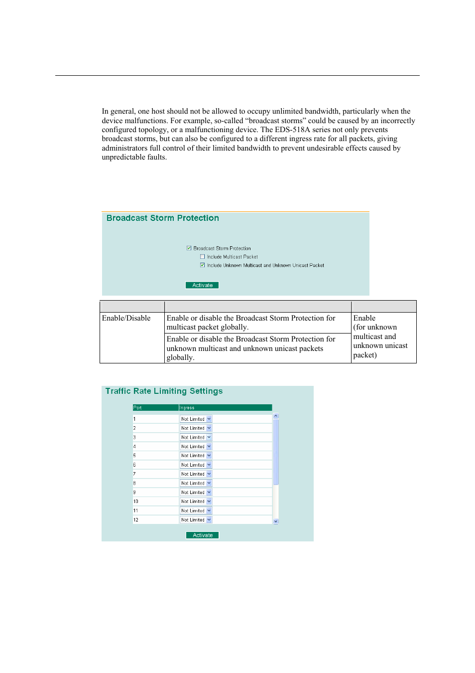 Using bandwidth management, Configuring bandwidth management, Broadcast storm protection | Traffic rate limiting settings, Using bandwidth management -46, Configuring bandwidth management -46, Broadcast storm protection -46, Traffic rate limiting settings -46 | Moxa Technologies EDS-518A Series User Manual | Page 61 / 97