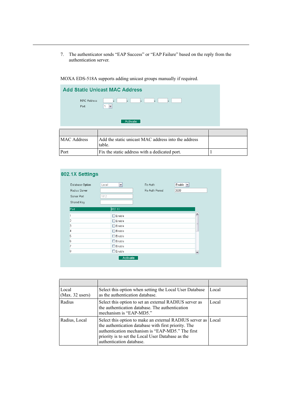 Configuring static port lock, Configuring ieee 802.1x, Configuring static port lock -49 | Configuring ieee 802.1x -49 | Moxa Technologies EDS-518A Series User Manual | Page 64 / 97