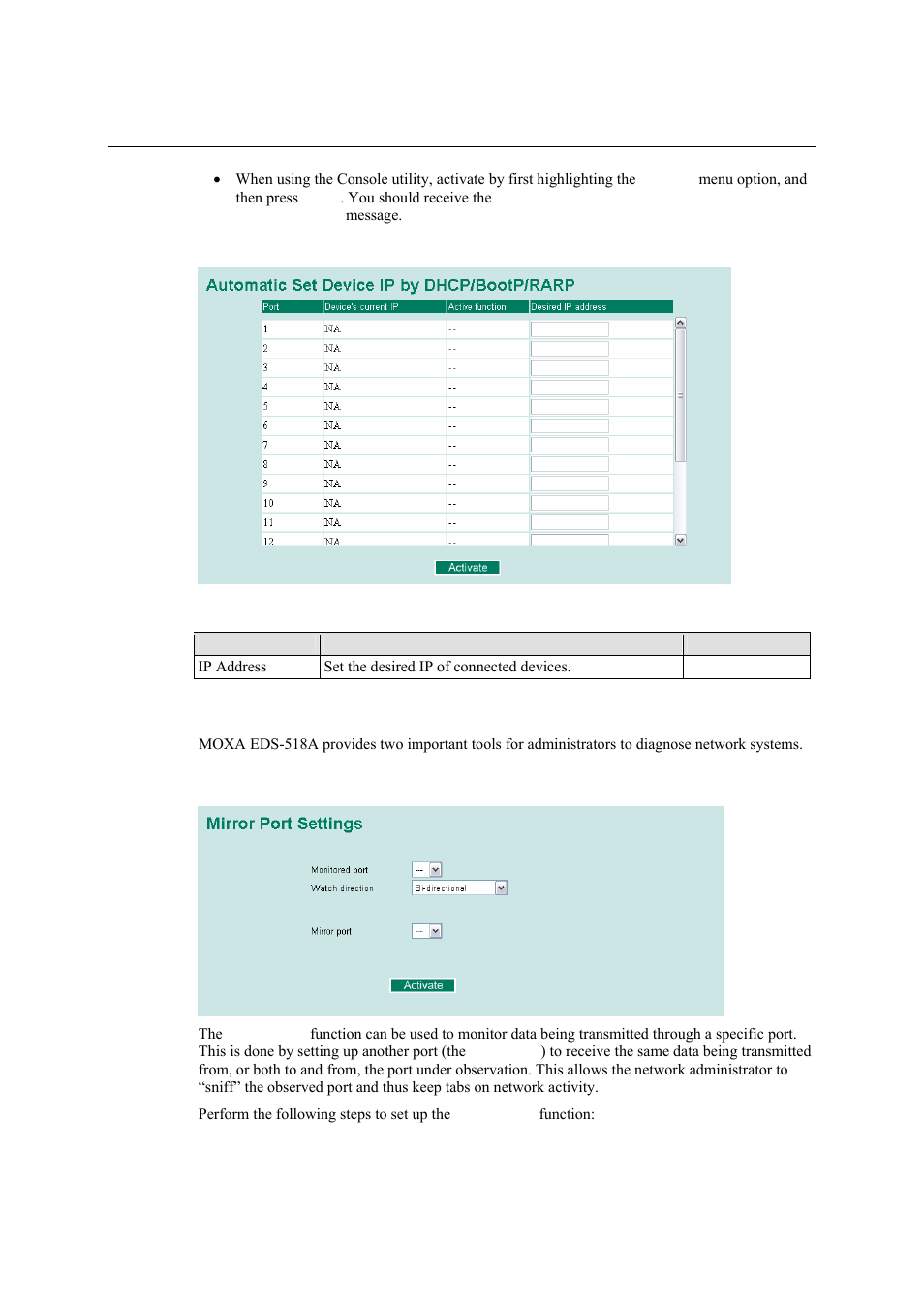 Configuring set device ip, Using diagnosis, Mirror port | Configuring set device ip -59, Mirror port -59 | Moxa Technologies EDS-518A Series User Manual | Page 74 / 97