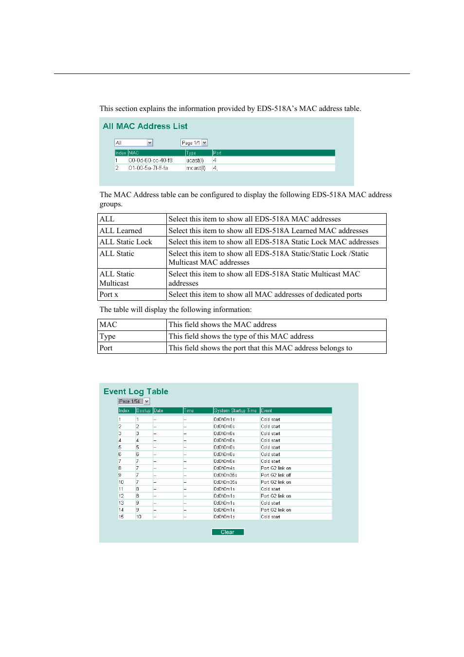 Using the mac address table, Using event log, Using the mac address table -62 | Moxa Technologies EDS-518A Series User Manual | Page 77 / 97