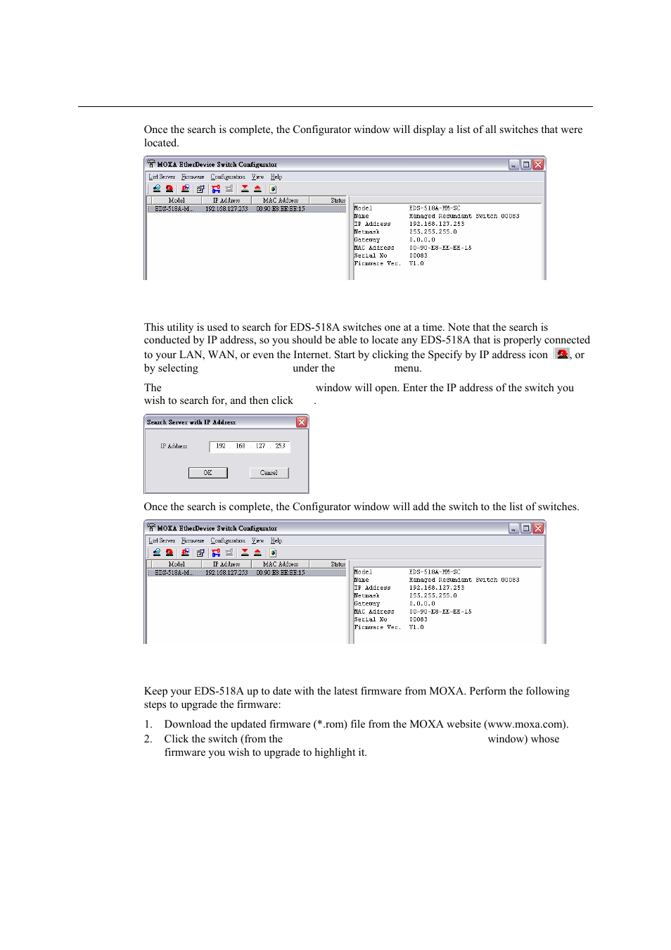 Search by ip address, Upgrade firmware | Moxa Technologies EDS-518A Series User Manual | Page 82 / 97